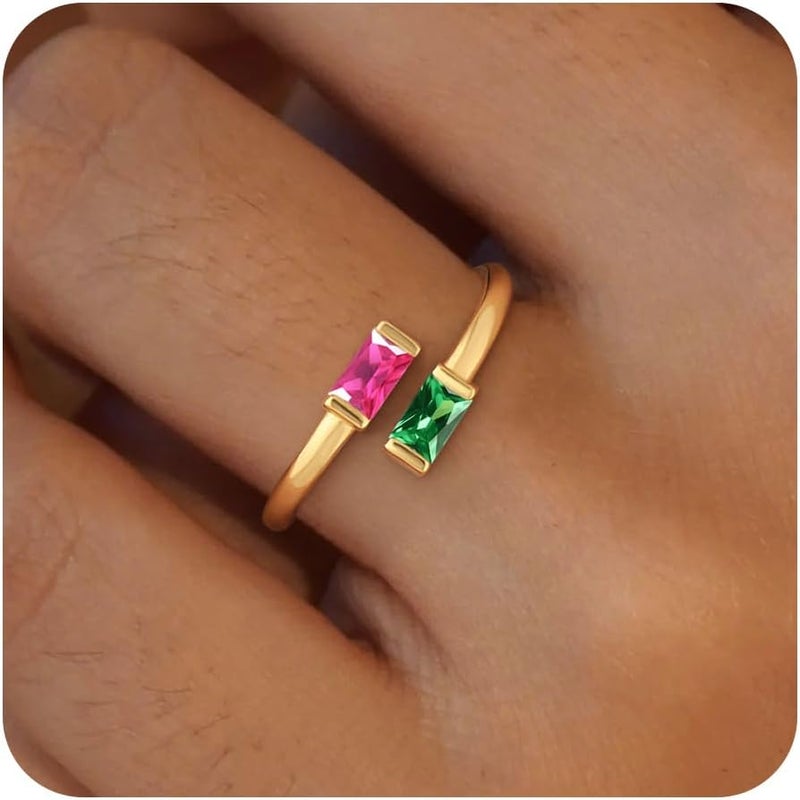 Honsny Gold Birthstone Rings for Women Non Tarnish 14K Gold Plated Adjustable Emerald Ring Cubic Zirconia Gemstone Promise Ring for Her Engagement Personalized Waterproof Jewelry Gifts for Birthday - Image 1